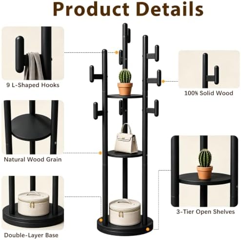 Rotary Coat Rack Freestanding - Solid Wood Coat Tree with 9 hooks & 3 Storage Shelves for Purse, Bag, Jacket, Hat, Corner Hanger Stand Racks for Hall, Entryway, Office, Modern Clothes Holder(Black)
