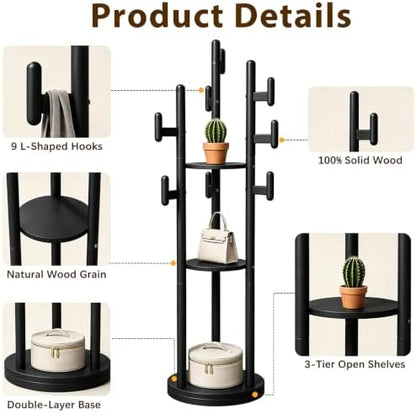 Rotary Coat Rack Freestanding - Solid Wood Coat Tree with 9 hooks & 3 Storage Shelves for Purse, Bag, Jacket, Hat, Corner Hanger Stand Racks for Hall, Entryway, Office, Modern Clothes Holder(Black)