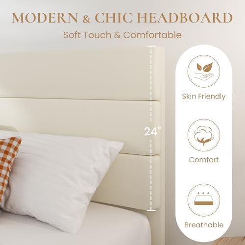 SHA CERLIN Full Platform Bed Frame with Upholstered Velvet Headboard, Cream