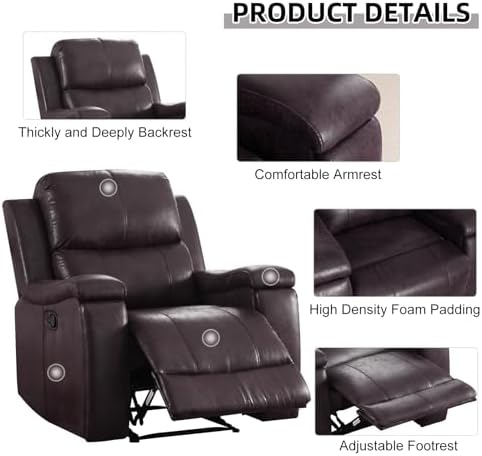 CANMOV Manual Recliner Chair Set of 2, Classic Faux Leather Recliner Chair with Overstuffed Arms and Back, Manual Single Sofa with Concealed Cup Holders, Dark Brown