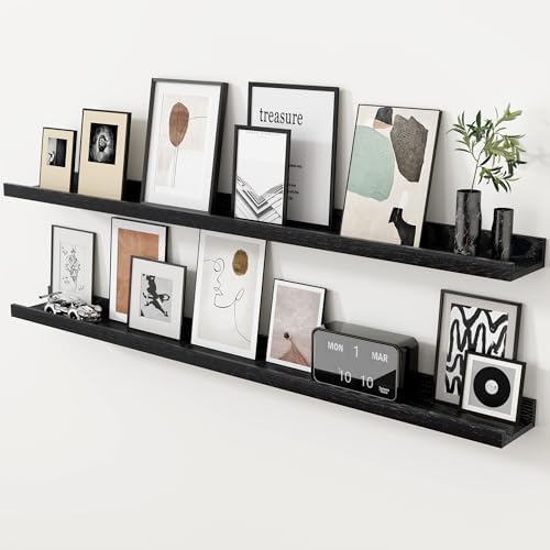 Oak Picture Ledge Shelf, 48 Inch Floating Shelves Set of 2, Solid Oak Wood Wall Shelves with Lip, Wall Decor Storage for Bedroom Living Room Bathroom Kitchen Nursery Photo Picture, Black