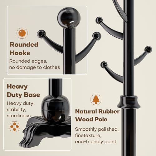 Hall Tree, Freestanding Wood Tree Rack with 7 Hooks, Coat Rack with Stable Sphere Base, Wooden Coat Rack Stand, Load 210 lb, Coat Hanger Stand for Entryway, Hallway, Bedroom (Black)