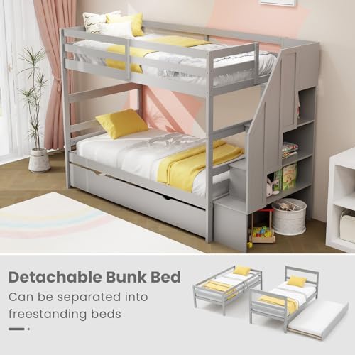 KOMFOTT Wood Twin Over Twin Bunk Bed with Trundle & Storage Stairs, Bunk Bed Frame with Protective Guardrails for Kids Room, Bedroom, Convertible to 2 Separated Beds, No Box Spring Needed (Grey)