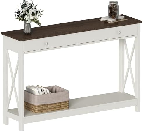 Treocho 47" Farmhouse Console Table with Drawer and Storage Shelves, Foyer Sofa Table Narrow for Entryway, Living Room, Hallway, Antique White & Brown