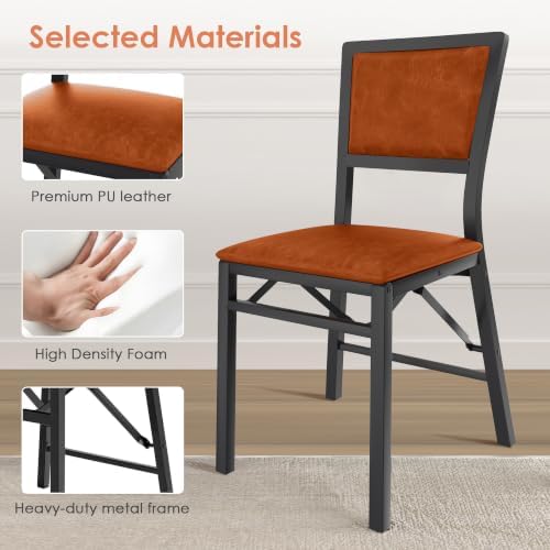 VECELO Folding Dining Chairs Set of 2, Metal Padded Foldable Seating with Comfortable Faux Leather, Space-Saving Portable Guest Seats for Kitchen & Office, No Assembly, Cognac Brown
