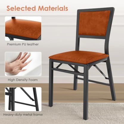 VECELO Folding Dining Chairs Set of 2, Metal Padded Foldable Seating with Comfortable Faux Leather, Space-Saving Portable Guest Seats for Kitchen & Office, No Assembly, Cognac Brown