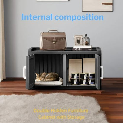 2 Doors Shoe Storage Bench - 2 Side Door Hidden Furniture Cabinet with Storage, Waterproof Entryway Bench with Seat for Indoor Outdoor, Outdoor Shoe Bench for Bedroom, Hallway, Black