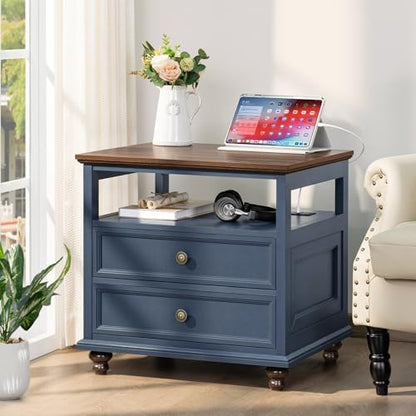 Joaxswe Farmhouse Nightstand Set of 2 with Charging Station, 24" Wide End Table with 2 Drawers,Wood Dresser for Bedroom,Bed Side Table Chest of Drawers Cabinet,Navy BlueNight Stand for Living Room