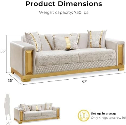 Furniture of America Samison II Glam 2-Piece Solid Wood Upholstered Sofa Set with Accent Pillows, Damask Pattern and Gold Base, Comfortable Couch and Loveseat for Living Room, Bedroom, Office, Beige