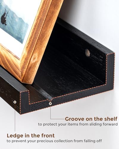 Oak Picture Ledge Shelf, 48 Inch Floating Shelves Set of 2, Solid Oak Wood Wall Shelves with Lip, Wall Decor Storage for Bedroom Living Room Bathroom Kitchen Nursery Photo Picture, Black