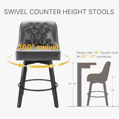 KISLOT Swivel Barstools, 26" Counter Height,2-Pack,Charcoal Gray