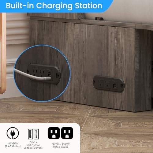 PUREMIND Queen Size Murphy Bed with Mattress, Wood Frame Cabinet Beds with Charging Station & Storage Drawers, Space Saving Hidden Cabinet Bed for Guest Room, Home Office, Apartment, Grey