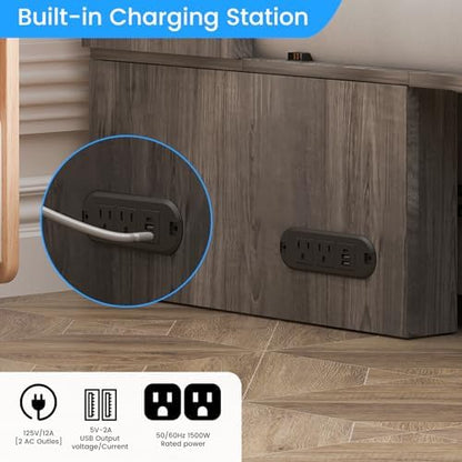 PUREMIND Queen Size Murphy Bed with Mattress, Wood Frame Cabinet Beds with Charging Station & Storage Drawers, Space Saving Hidden Cabinet Bed for Guest Room, Home Office, Apartment, Grey