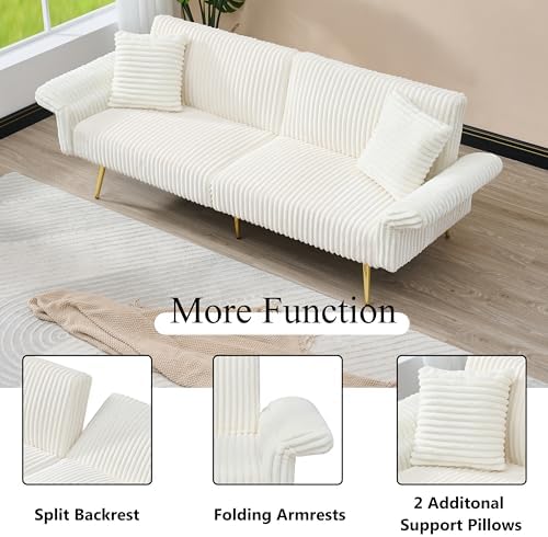 79" Corduroy Convertible Sofa Bed with Folding Armrests, White