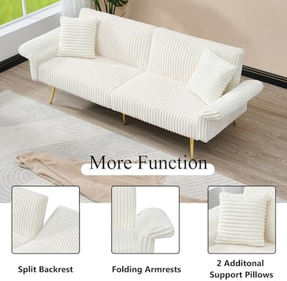 79" Corduroy Convertible Sofa Bed with Folding Armrests, White