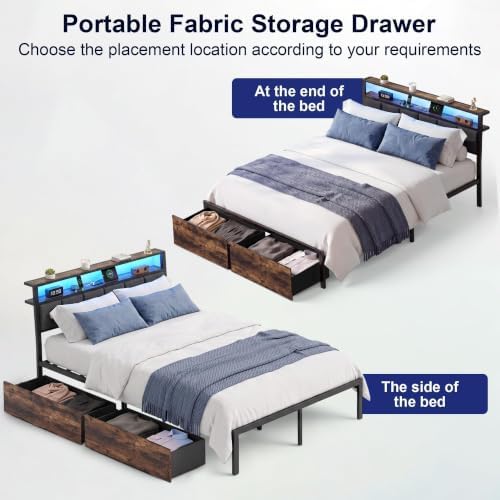Queen Bed Frame with Storage Drawers, Upholstered Headboard with LED Lights and Charging Station, Metal Platform Bed with 2-Tier Storage Shelves, Noise Free, No Box Spring Needed