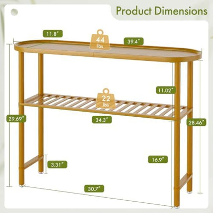 Bamboo Console Table for Entryway 39.4", Farmhouse Entryway Table for Hallway Oval Top, Sofa Console Table with Anti-fall Edge, TV Stand for Living Room, Plant Stand, 5min Easy Assembly, Walnut