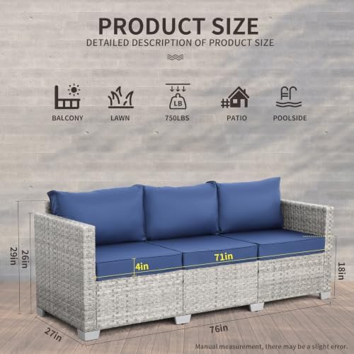 WAROOM Outdoor Couch 3 Seater Wicker Patio Sofa Grey Rattan Balcony Furniture Deep Seat Porch Seating, Navy Blue Cushion