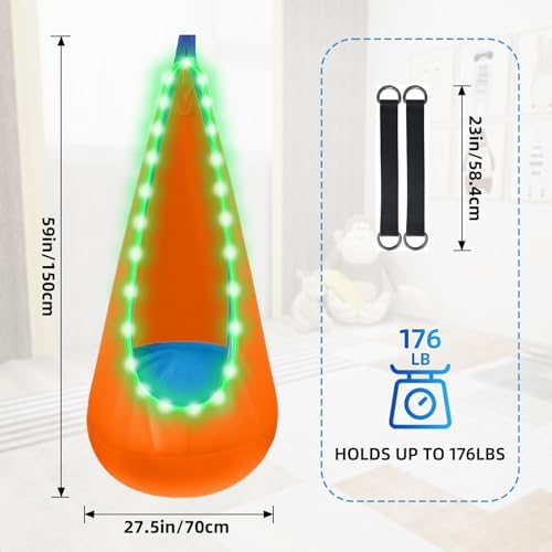 Light Up Kids Pod Swing, Indoor Outdoor Hammock Seat w/ LED Lights,Orange
