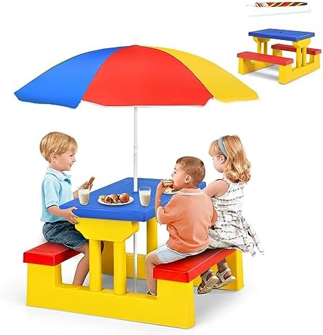 ARMILE Kids Picnic Table, Kids Indoor & Outdoor Table and Bench Set with Removable & Foldable Umbrella, Portable Toddler Plastic Picnic Table for Patio, Backyard, Ideal Gift for Boys Girls (Colorful)