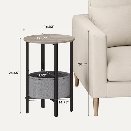 Round Side Table End Table with Storage Basket, Small Side Table Round Nightstand for Small Spaces, Tall Oval End Table with Steel Frame, Coffee Bedside Table for Living Room Bedroom, Greige