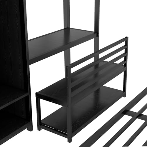 Queen Over Queen Size Metal Bunk Bed Frame with Built-in Wardrobe, Desk and Storage Chairs, Perfect for Kids Teens Adults