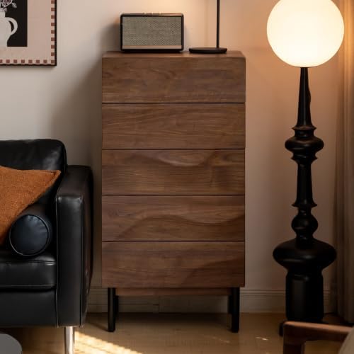 Solid Walnut Nightstand, 5 Drawer Bedside Table for Bedroom, Solid Wood nightstand with Drawers, Modern Night Stand for Living Room, Hallway, Closet(Black Walnut, 43" H)