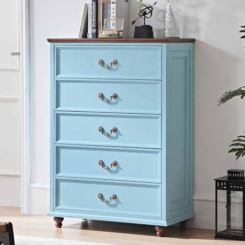 Joaxswe Farmhouse 5 Drawer Dresser for Bedroom, 45" Tall Rustic Chests of Drawers w/ 4 Solid Wood Feet, Mid Century Modern Wooden Closet Storage Dressers Organizer for Living Room, Hallway, Light Blue
