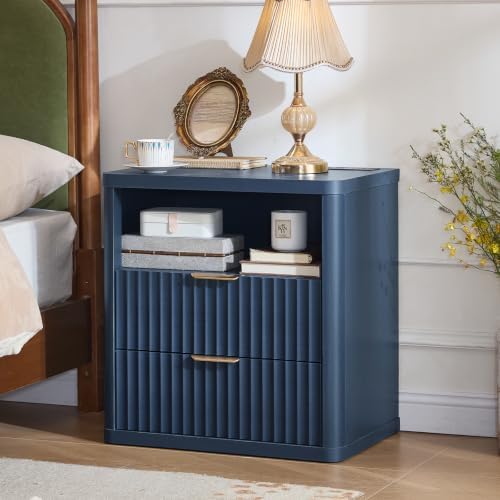 LEYAOYAO Fluted Nightstand Set of 2 with Charging Station,23" Farmhouse Nightstand with Woodgrain Top,Blue 3 Drawer End Table w/Storage, BedsideTables for Bedroom, Living Room, Curved Profile