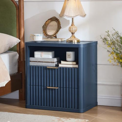 LEYAOYAO Fluted Nightstand Set of 2 with Charging Station,23" Farmhouse Nightstand with Woodgrain Top,Blue 3 Drawer End Table w/Storage, BedsideTables for Bedroom, Living Room, Curved Profile