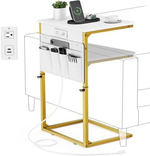Vagusicc C-Shaped End Table with Charging Station, Small Side Table for Couch, 33" Tall C Table Adjustable Height Side Table, Couch Tables that Slide Under, Sofa Table TV Tray for Living Room, Golden