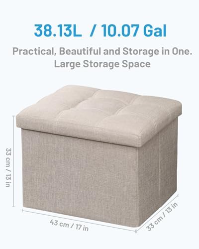 AmasSmile Ottoman with Storage,17" Folding Linen Foot Rest Chest,Beige