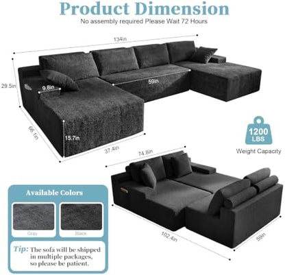 134 Inch Teddy Velvet Boneless Cloud Sectional Sofa, Tatami Style Modular, Frameless Deep Seat, Soft Fluffy Plush Cushions with Side Storage, Compressed No Assembly for Living Room & Apartment
