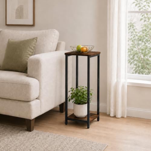 10" Wide Square Drink Table with Adjustable Feet - 2-Tier Small Side Table for Apartments, Balcony & Office | Space-Saving, Lightweight & Multi-Functional (Plants, Books, Drinks, Brown)