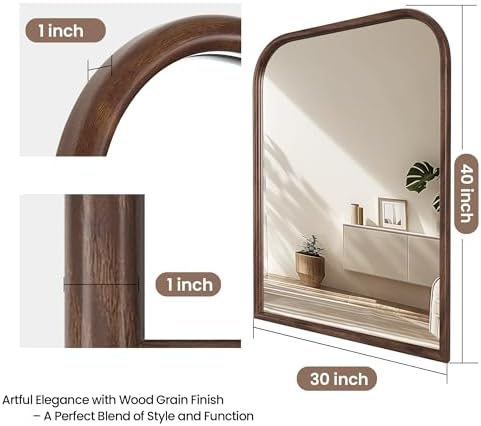 30"x40" Arch Wall Mirror Bathroom Mirror for Wall Mounted, Tempered Glass, Wood Grain Finish Frame Wall Mirror Decorative for Bedroom Living Room Entryway