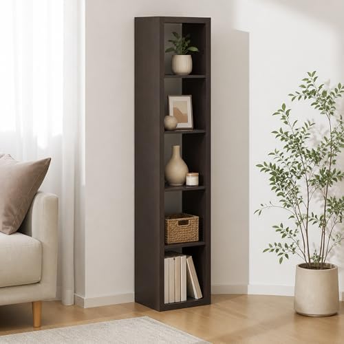 5-Cube Tall Cubicle Bookshelf, Cube Bookcase with Open Back, Reversible Book Shelf, Cube Storage Organizer, 15 x 16 x 72, for Living Room, Home Office, Dark Oak