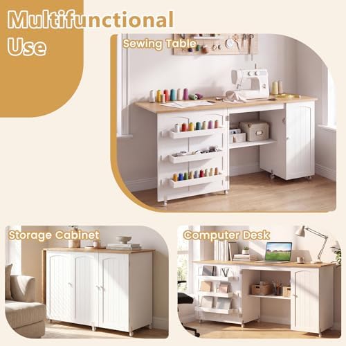 GIANTEX 62.5" Large Folding Sewing Table with Storage Cabinet & Shelves