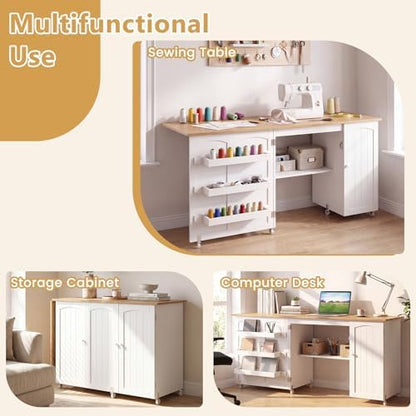 GIANTEX 62.5" Large Folding Sewing Table with Storage Cabinet & Shelves