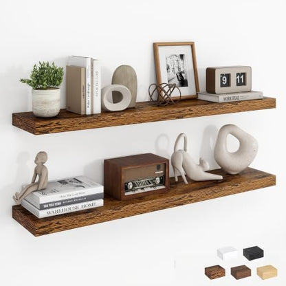 Dreamland 36Inch Floating Shelves for Wall, Rustic Wooden Floating Shelves for Bathroom|Bedroom|Kitchen, 2 Pack Deep Wall Mounted Book Shelf, Wood Storage Display Shelf for Home Decor, Brown