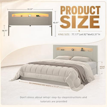 King Size Wooden Headboard Only with Storage(Off-White, King)