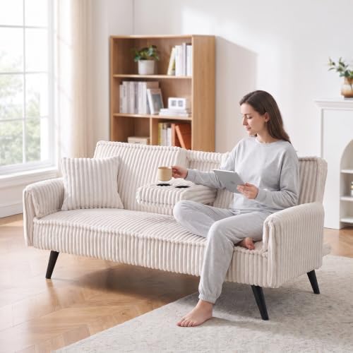 Corduroy Convertible Sofa Bed, Futon Couch with Cup Holders, White