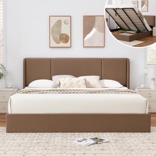 VELOCAVA King Lift Up Storage Bed Frame, Velvet-Look Upholstered Bed with Modern Wingback Headboard, Hydraulic Lift Storage, Wood Slat Support, No Box Spring Needed, Brown