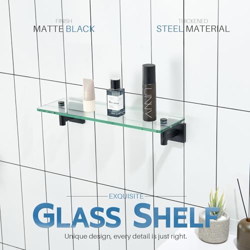 KOKOSIRI Bathroom Shelves Glass Floating Shelf 16-Inch for Bedroom, Living Room, Kitchen, Small Hanging Rack Rustproof Wall Mounted Black B1105BK-L16
