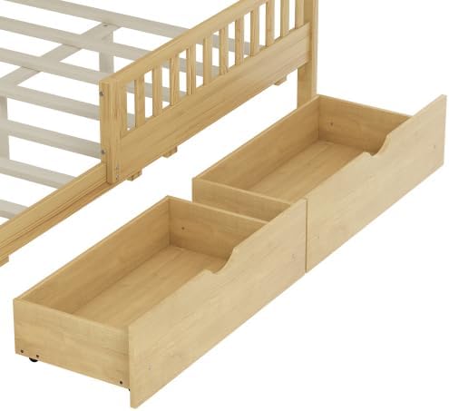 Bellemave Full Size Kids Platform Bed with Fences and 2 Drawers, Wooden Full Bed Frame with Guardrails on Both Sides for Boys Girls, Natural