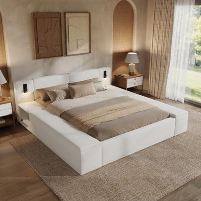 Merax Bouclé Upholstered Platform Bed with Headboard, Hidden Storage,White