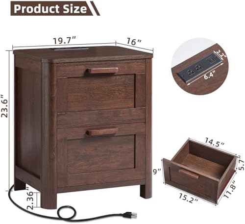 Joaxswe Farmhouse Nightstand Set of 2 with Charging Station, Walnut