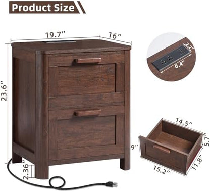 Joaxswe Farmhouse Nightstand Set of 2 with Charging Station, Walnut