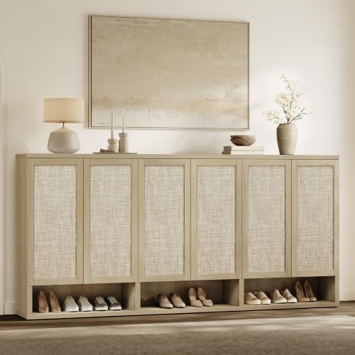 SICOTAS 96.8" Wide Tall Rattan Shoe Storage Cabinet for Entryway with Doors