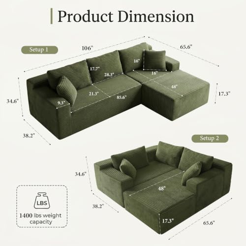 AUGOP Sectional Couches for Living Room Modern Modular Sofa with L-Shape Couchs Upholstered Boneless Couch Deep Seat Sectional Couch with Chaise