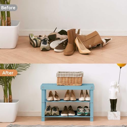 Apicizon Bamboo Shoe Rack Bench, 3-Tier Entryway Organizer, Blue